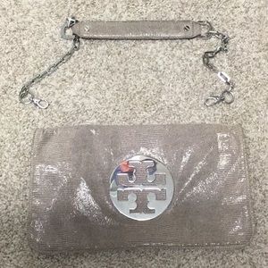 Tory Burch Taupe metallic snakeskin reva bag